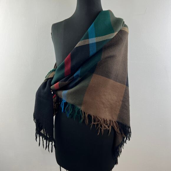 AVOCA Handweavers Black Brown Scarf Virgin Wool Plaid Fringe Edge Square Cut - Picture 4 of 7